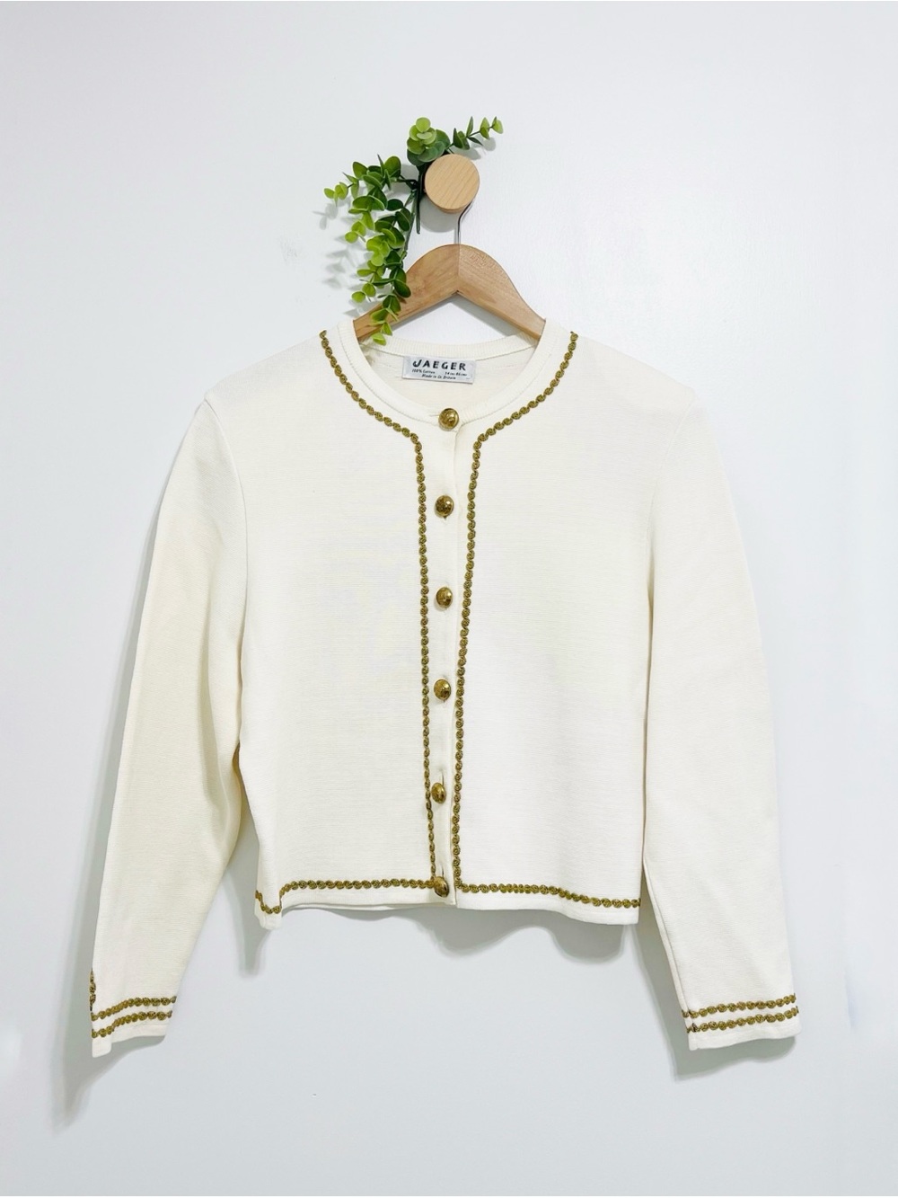 Jaeger Ivory Gold Detail Button Front Cotton Cardigan Sweater